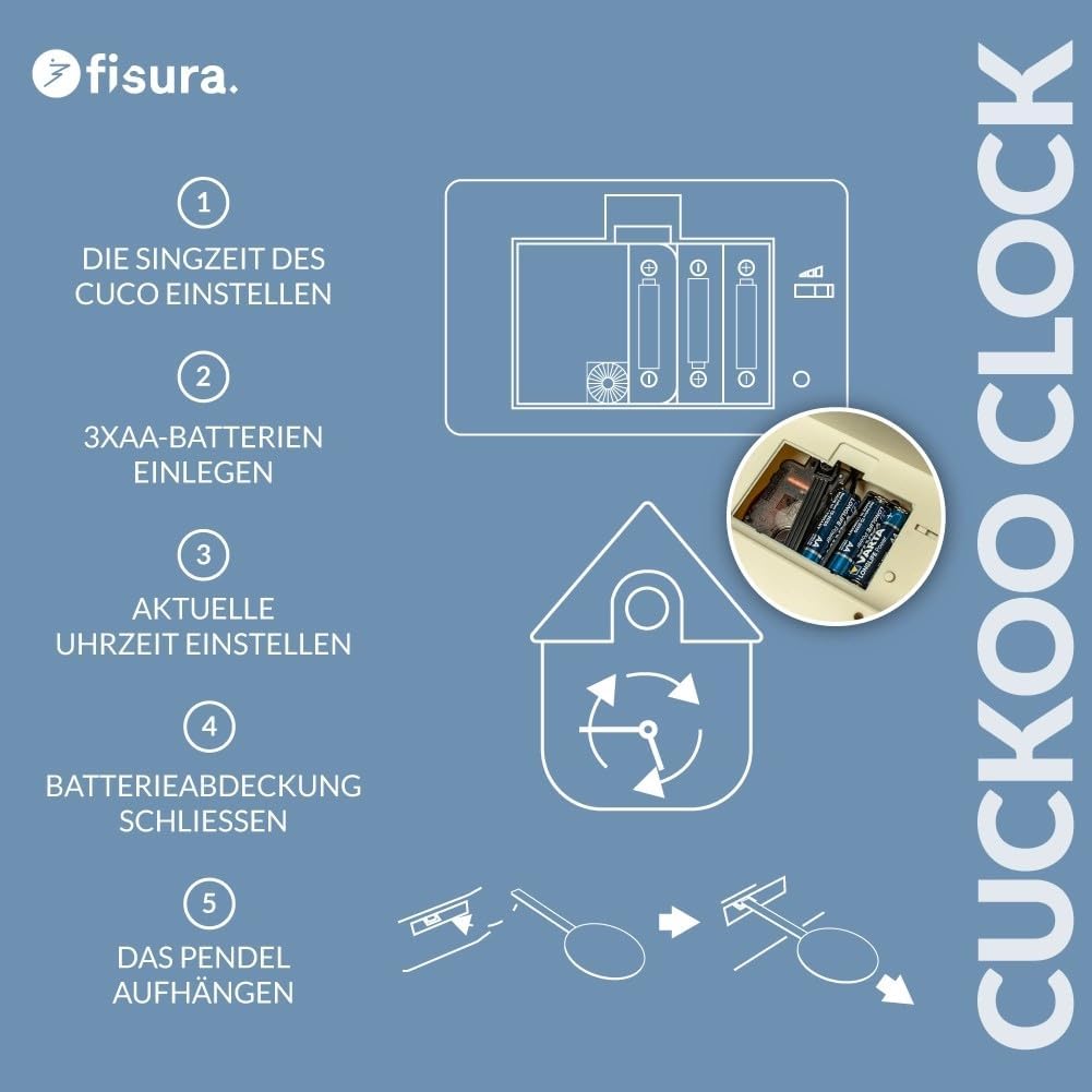 Fisura - Blaue Kuckucksuhr mit Wolkenmotiv. Wanduhr. Originelle Wanduhr als Geschenk. 3 AA-Batterien