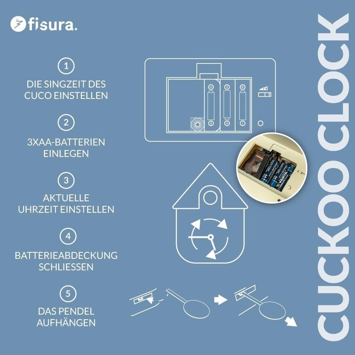 Fisura - Blaue Kuckucksuhr mit Wolkenmotiv. Wanduhr. Originelle Wanduhr als Geschenk. 3 AA-Batterien