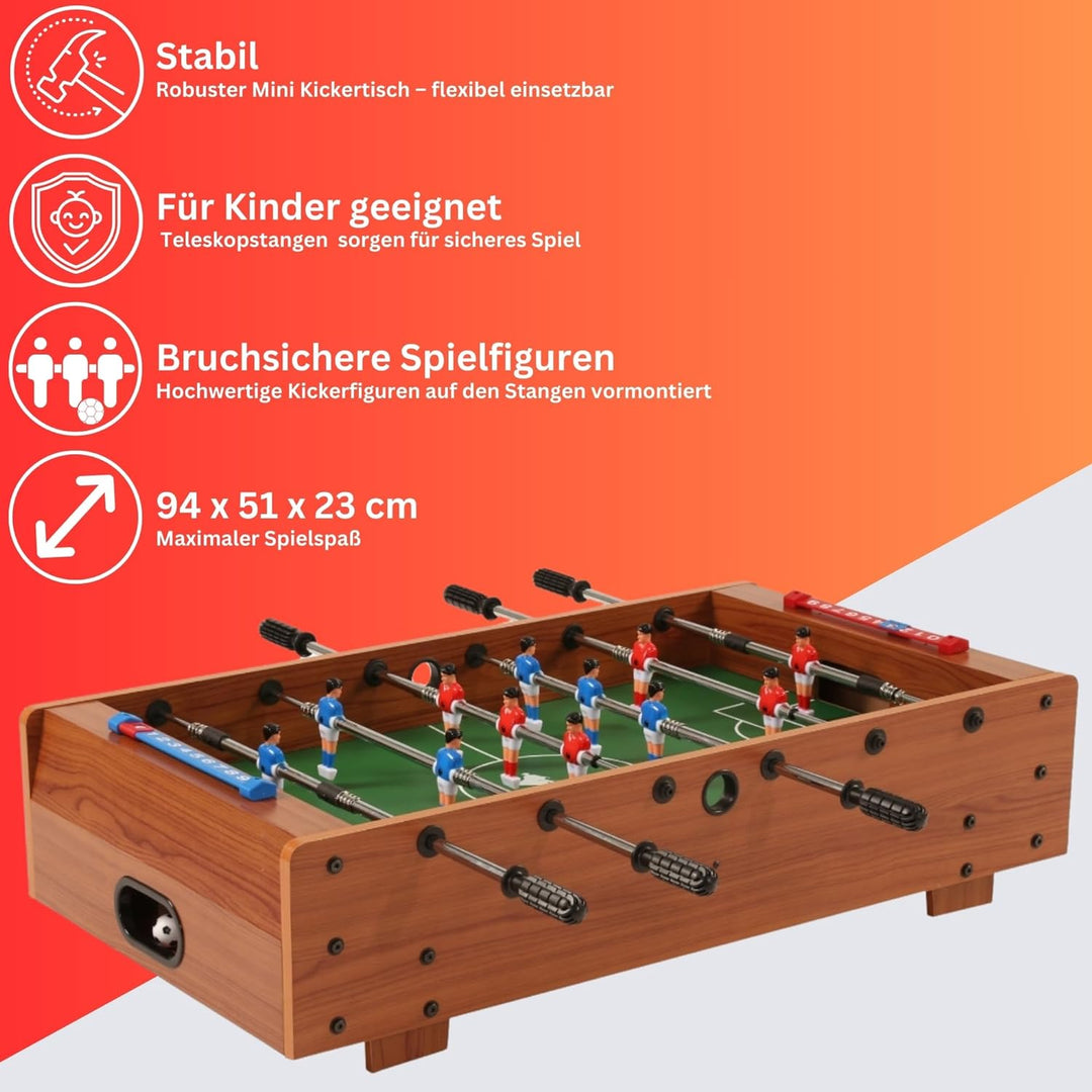 Mini-Kickertisch als praktische Auflage für Tisch oder Boden mit kindersicheren Teleskopstangen Grös