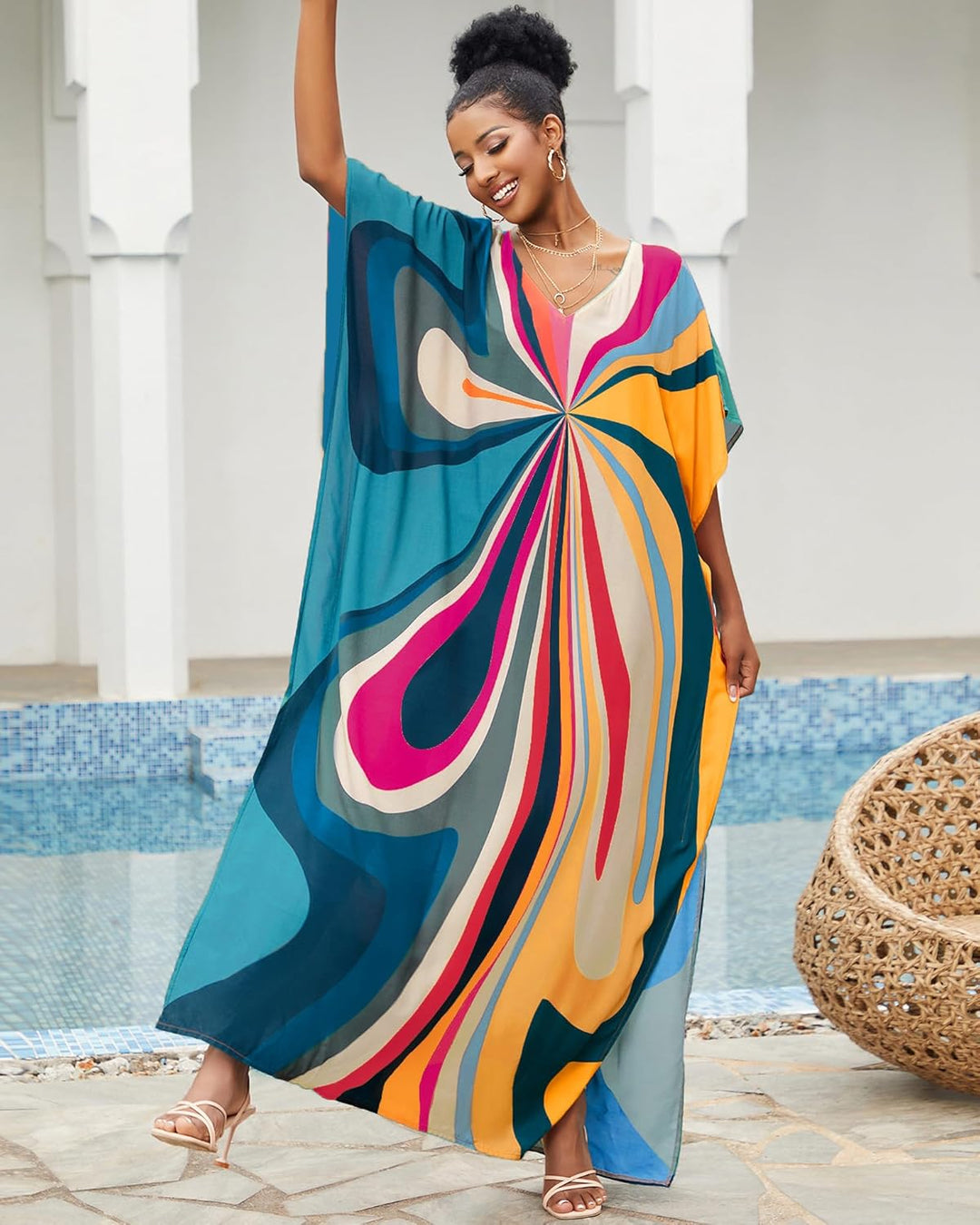 Bsubseach Damen Strandkleid Ethnic Print Kaftan Beach Maxi Kleider Blaue Geometrie, Blaue Geometrie