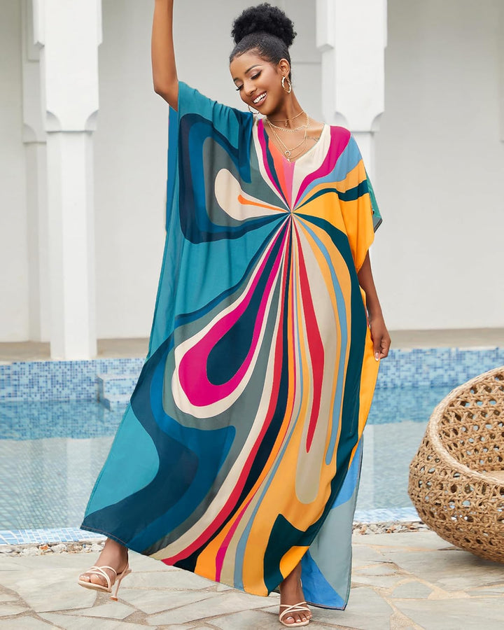 Bsubseach Damen Strandkleid Ethnic Print Kaftan Beach Maxi Kleider Blaue Geometrie, Blaue Geometrie