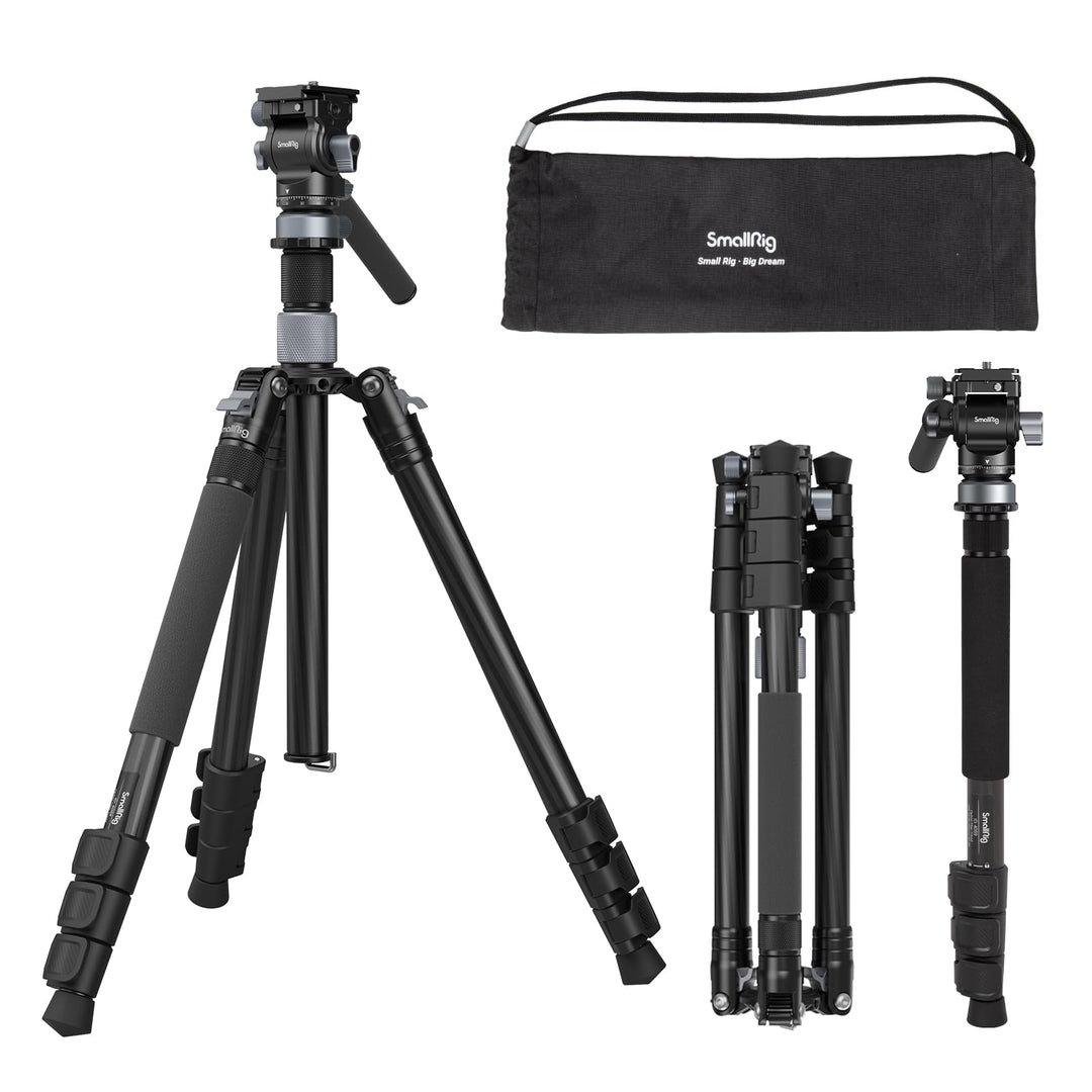 SMALLRIG 63" Video Travel Tripod, Carbonfaser-Stativ mit Schnellwechsel-Fluidkopf, Nivellierschalenb