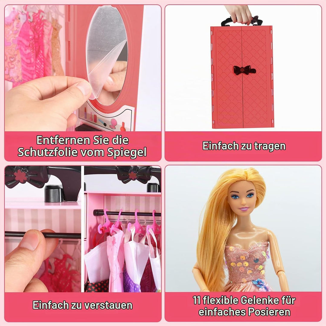 Kleiderschrank mit Puppe mit Kleidung Set，mit Puppe Prinzessin，Kleidung，Kleider，Schrank，Schuhe，Puppe
