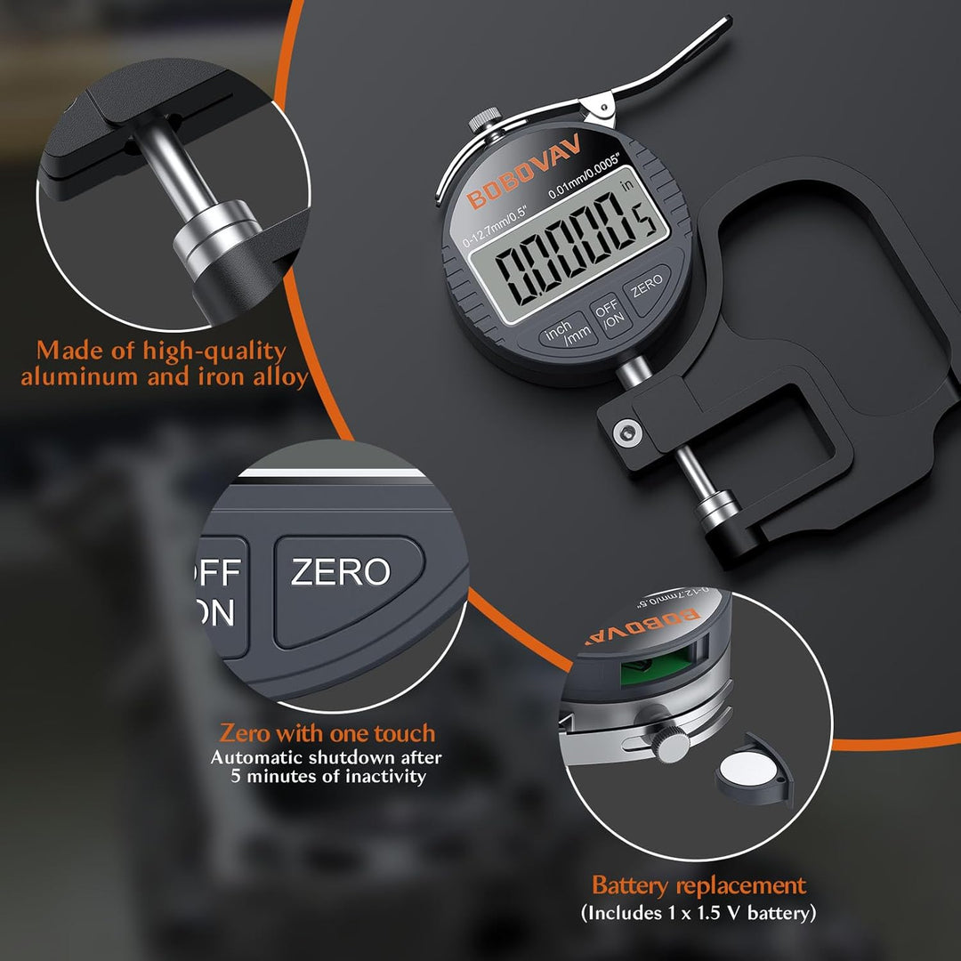 Digitaler Dickenmesser 0–12,7 mm, Auflösung 0,01 mm, Dickenmessgerät mit Zoll/MM-Umstellung, präzise