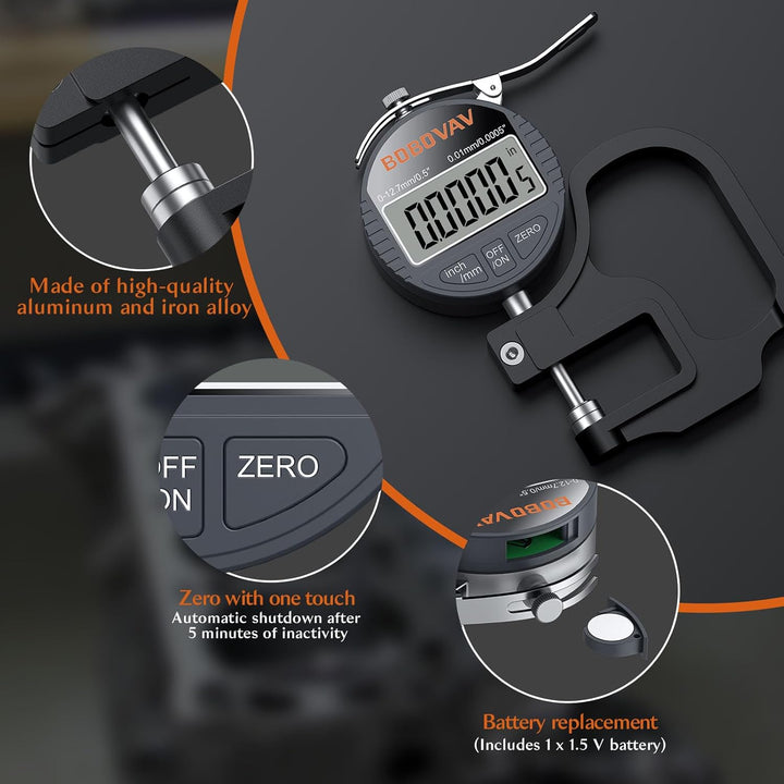 Digitaler Dickenmesser 0–12,7 mm, Auflösung 0,01 mm, Dickenmessgerät mit Zoll/MM-Umstellung, präzise