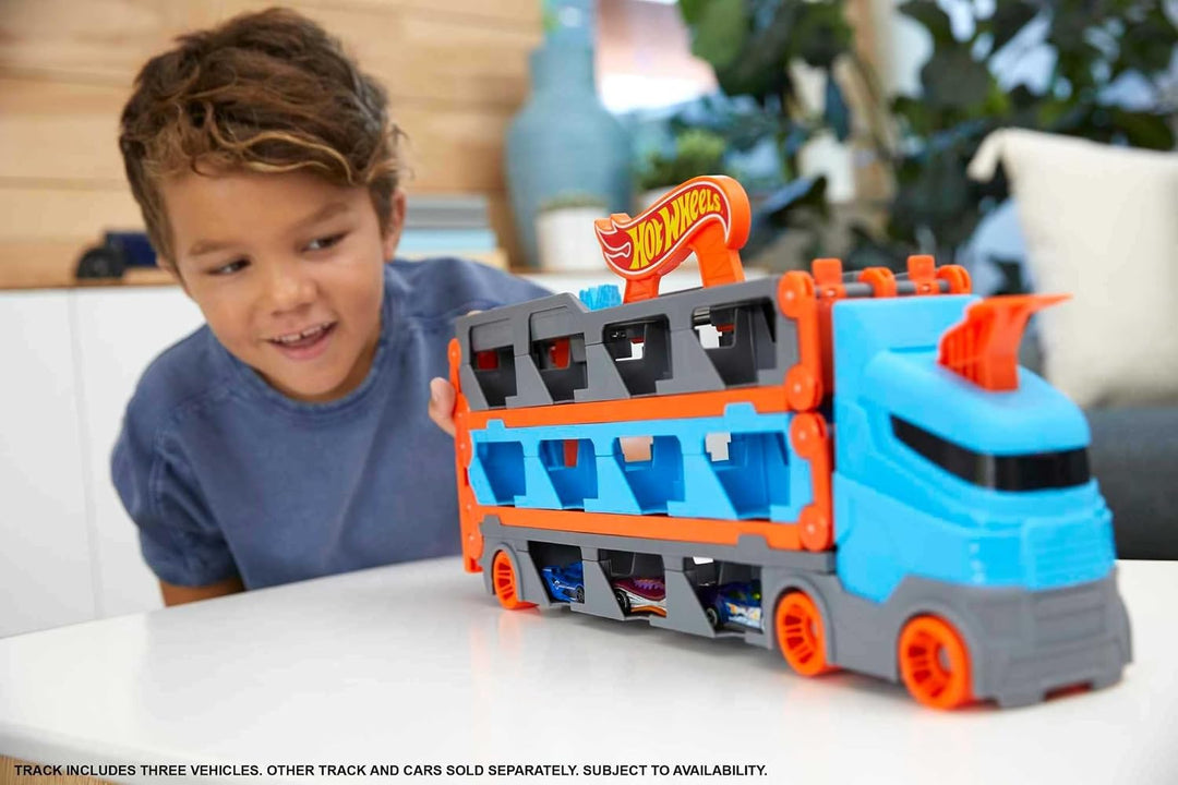 Hot Wheels 2:1 Autorennbahn zu Transporter, inkl. 3 Spielzeugautos, mit Doppelstarter, Auslösefunkti