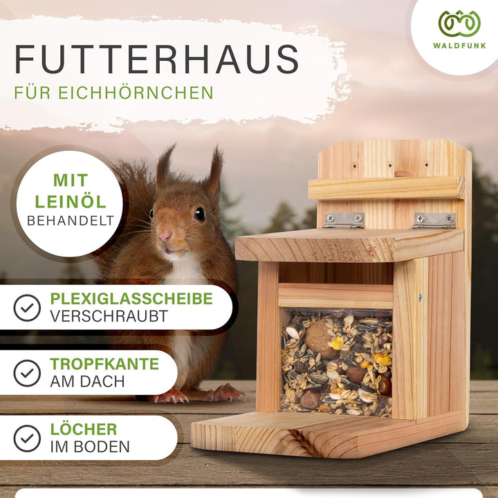 Eichhörnchen Futterstation – Wetterfestes Futterhaus aus Holz mit Belüftung, sicherer Klappmechanism