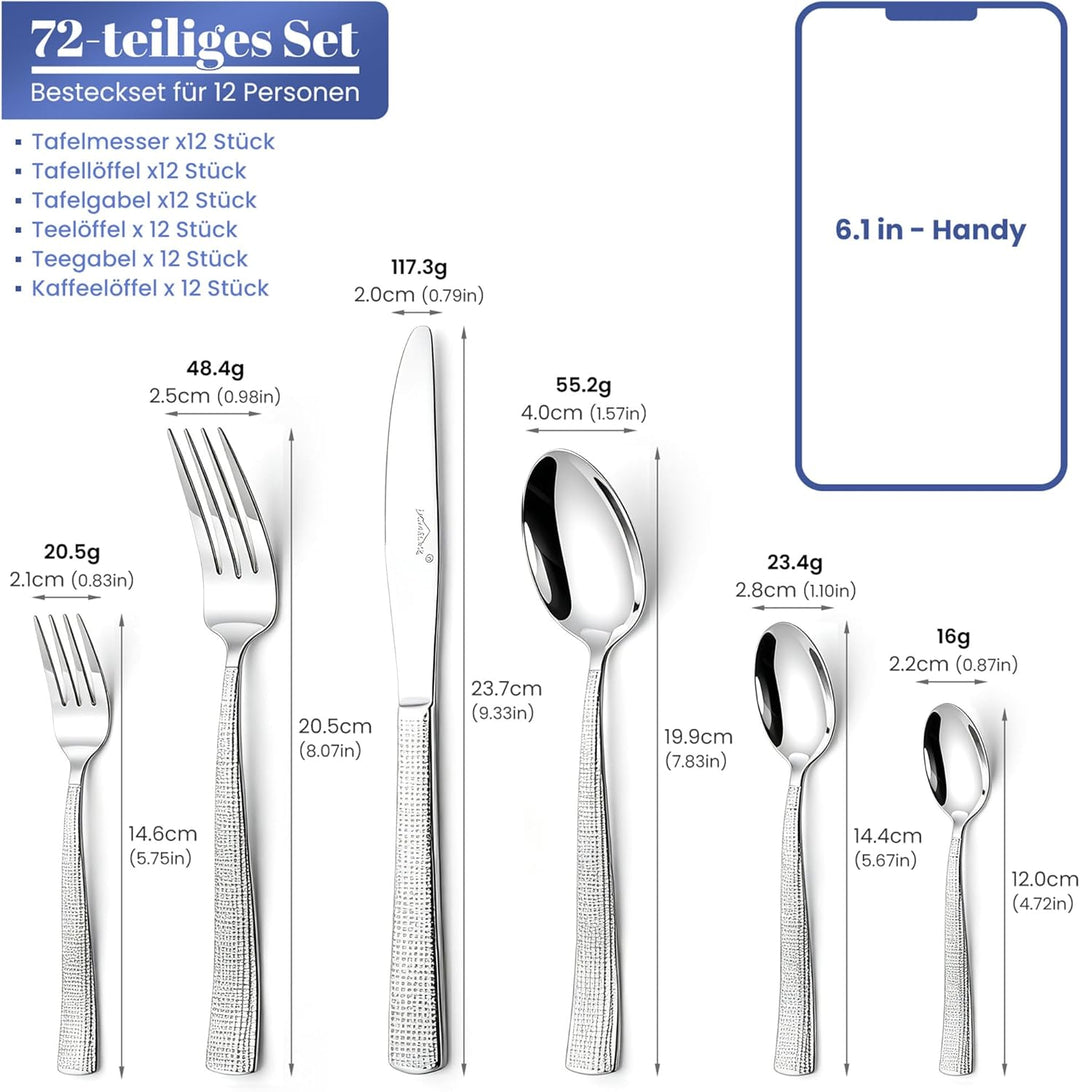 Besteck Set 12 Personen,72-tlg Edelstahl Besteckset,Cutlery Set mit Messer Gabel Löffel,inklusive Be