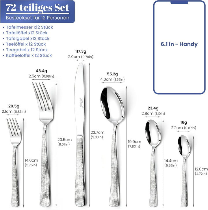 Besteck Set 12 Personen,72-tlg Edelstahl Besteckset,Cutlery Set mit Messer Gabel Löffel,inklusive Be