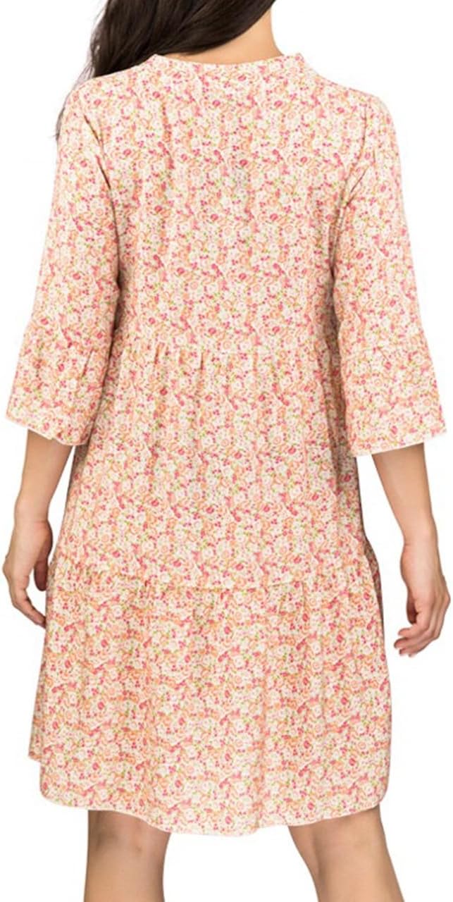 DENIMFY A Linien Kleid Damen DFFrida 3/4 Ärmel Kleider Strandkleid Boho Sommer Sommerkleid Midikleid