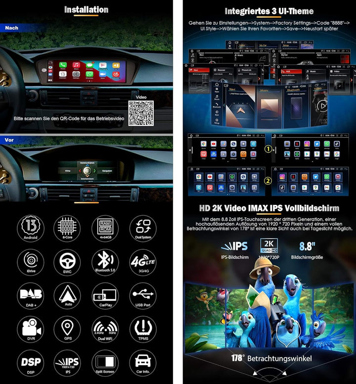 Erisin 8-Kern 4GB RAM+64GB ROM Android 14 Autoradio Bluetooth GPS Navi für BMW 3er E90 E91 E92 E93 5