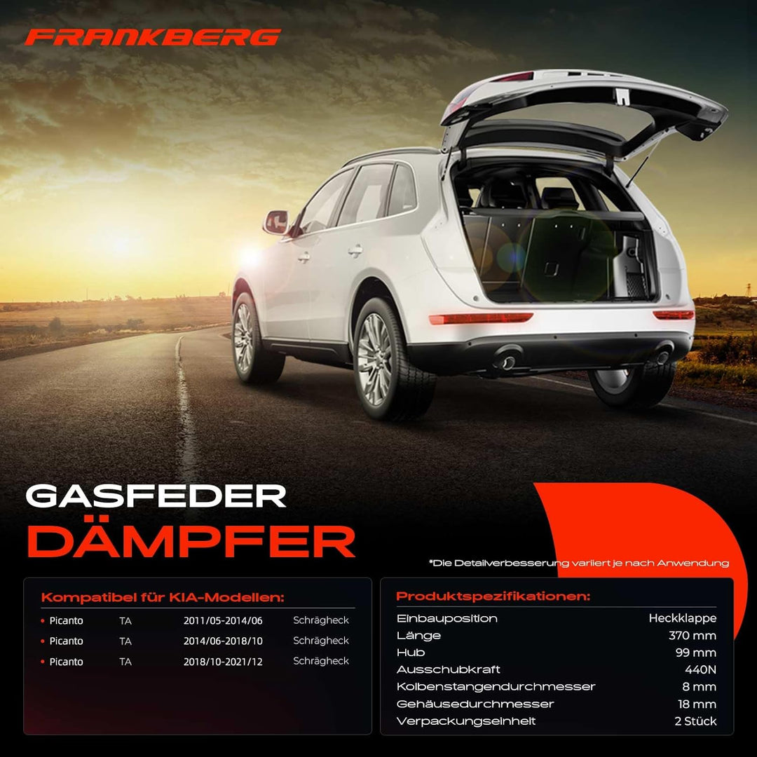 Frankberg 2x Gasfeder Dämpfer Heckklappe Kompatibel mit Picanto TA 1.0L 1.2L Schrägheck 2011-2021 Re
