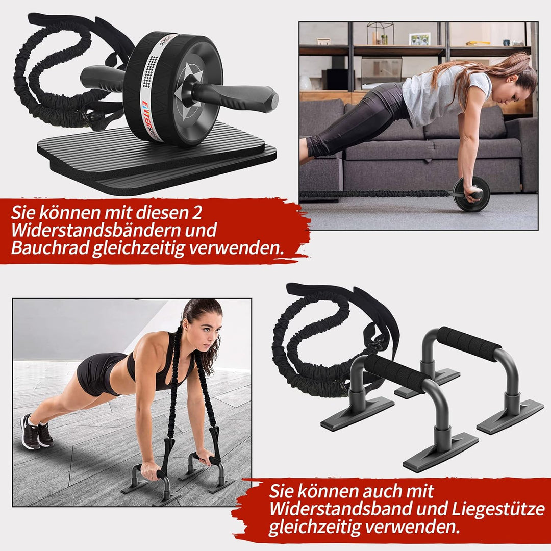 EnterSports Bauchroller, 6-in-1 Bauchtrainer mit Fitnessband, Liegestütze, Kniematte, Fitness Geräte