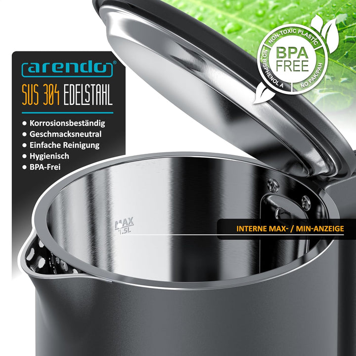 Arendo - Wasserkocher Edelstahl – 1,5 Liter - 2200 Watt – Doppelwand-Design – 360° Controller – BPA-
