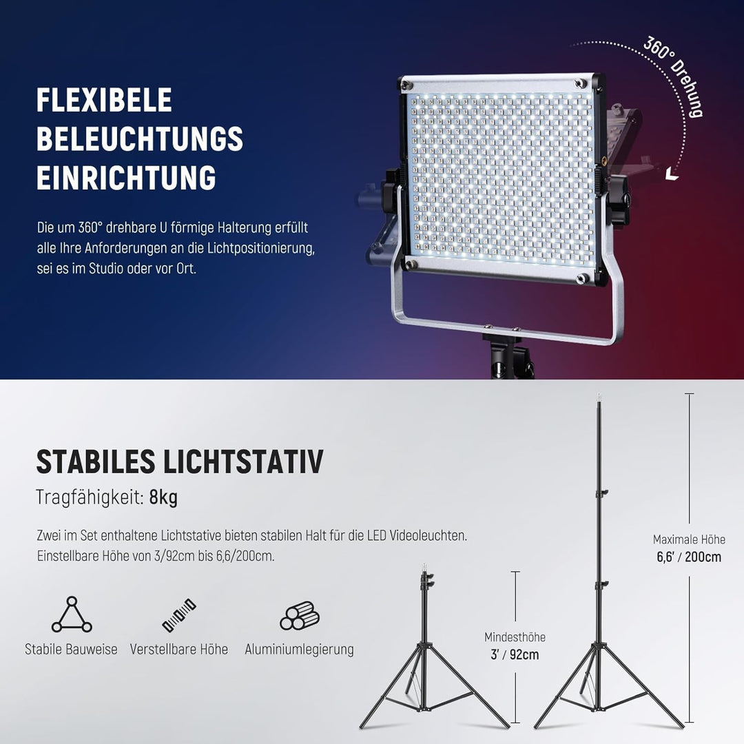 NEEWER 2 x 660 PRO RGB LED Videoleuchte Panel mit Stativ Ständer Set App Steuerung 360° Vollfarbe Vi