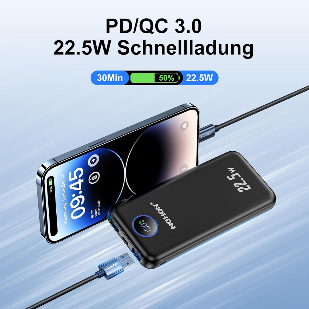 NOHON Powerbank 10000mAh Power Bank: 22,5W PD Fast Charging mit LED Display | USB-C Input & Output S