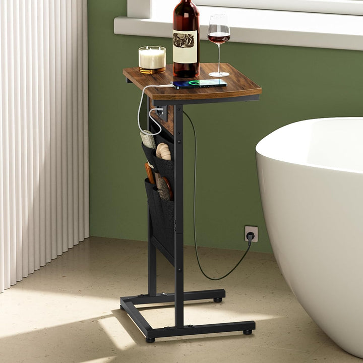 HOOBRO C-Form Beistelltisch mit Ladestation, Couchtisch mit gebogener Platte, Sofatisch mit Vliestas