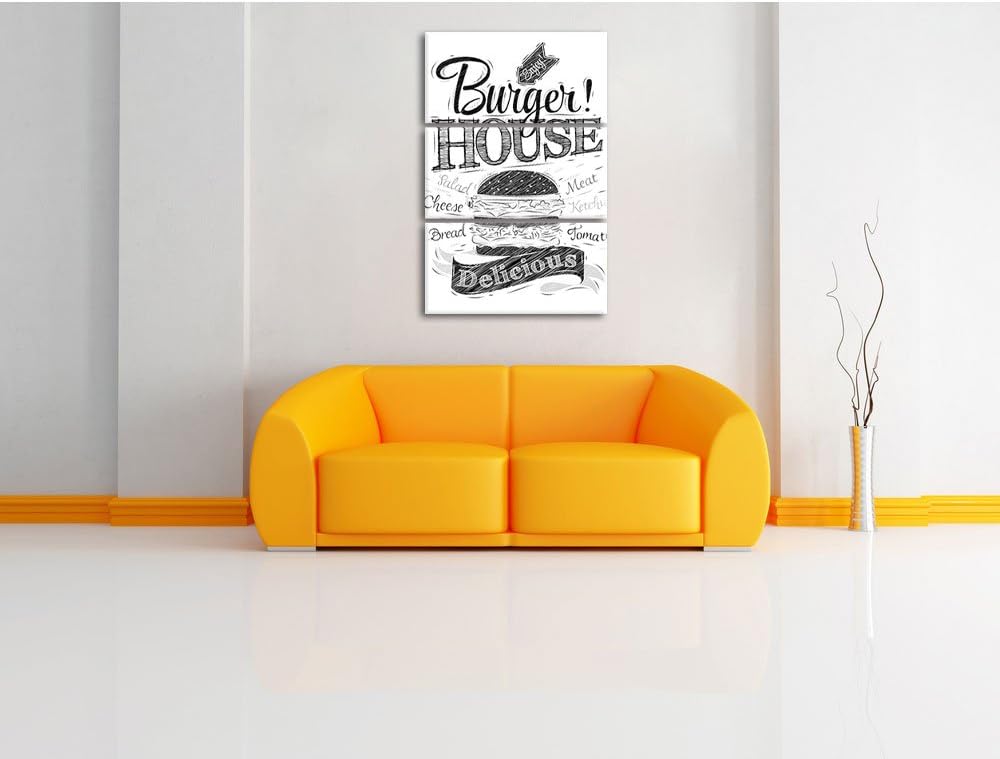 Pixxprint Burger House / 3-Teilig/Gesamtmass 120cm Leinwandbild bespannt auf Holzrahmen/Wandbild Kun