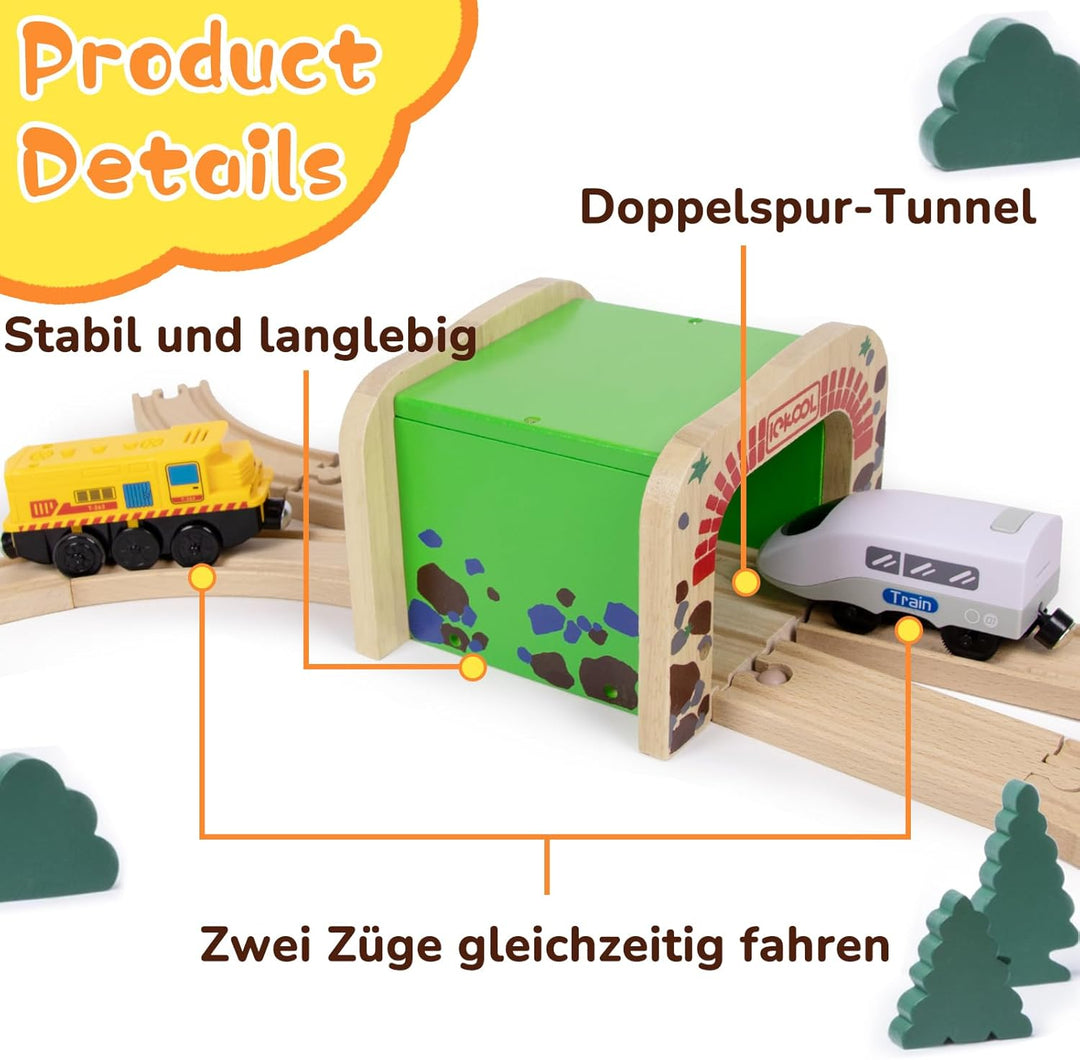 Doppelspur Tunnel für Holzeisenbahn, Holzeisenbahn Zubehör mit Doppeltunnel + 4 Geraden Schienen, ko
