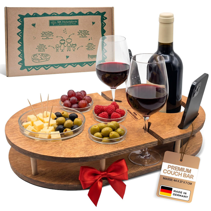 Couchbar Weinbar in Eiche mit 4 Glasschalen | PERSONALISIERBAR | Snackbox für Wein mit Getränkehalte