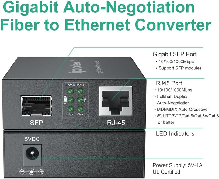 1.25G Gigabit Ethernet SFP to RJ45 Fiber Media Converter, 10/100/1000M RJ45 to 1000M SFP Slot, Fiber