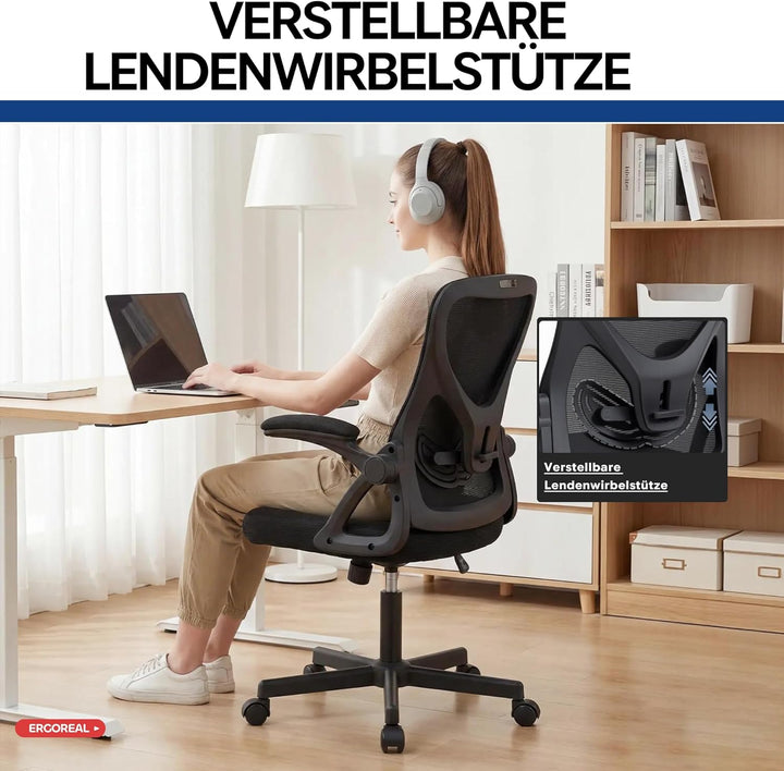 Bürostuhl ergonomisch – Schreibtischstuhl Netz, Lendenstütze 150kg | Klappbare Armlehnen, verstellba