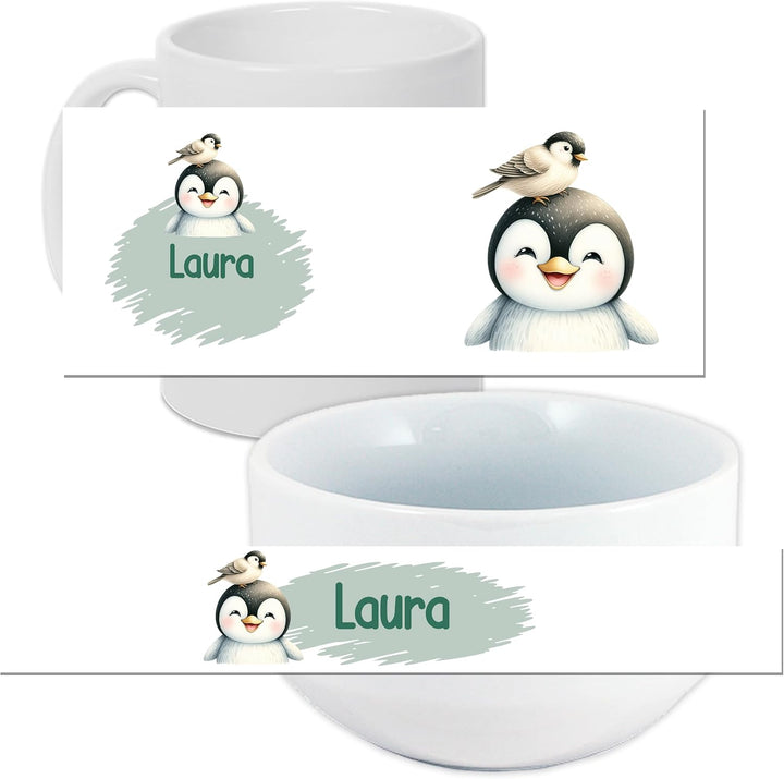 GRAZDesign Frühstückset Tasse mit Müslischale personalisiert für Kinder Pinguin Motiv aus Keramik -