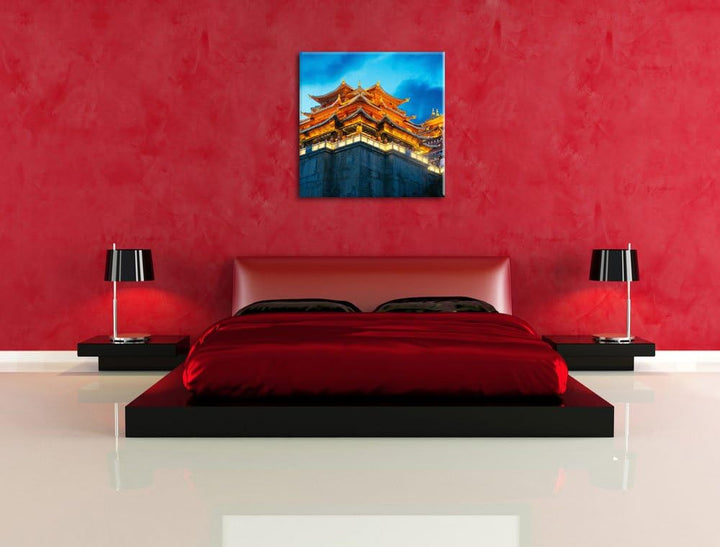 Pixxprint Leuchtender Tempel in China, Format: 70x70 auf Leinwand, 70x70