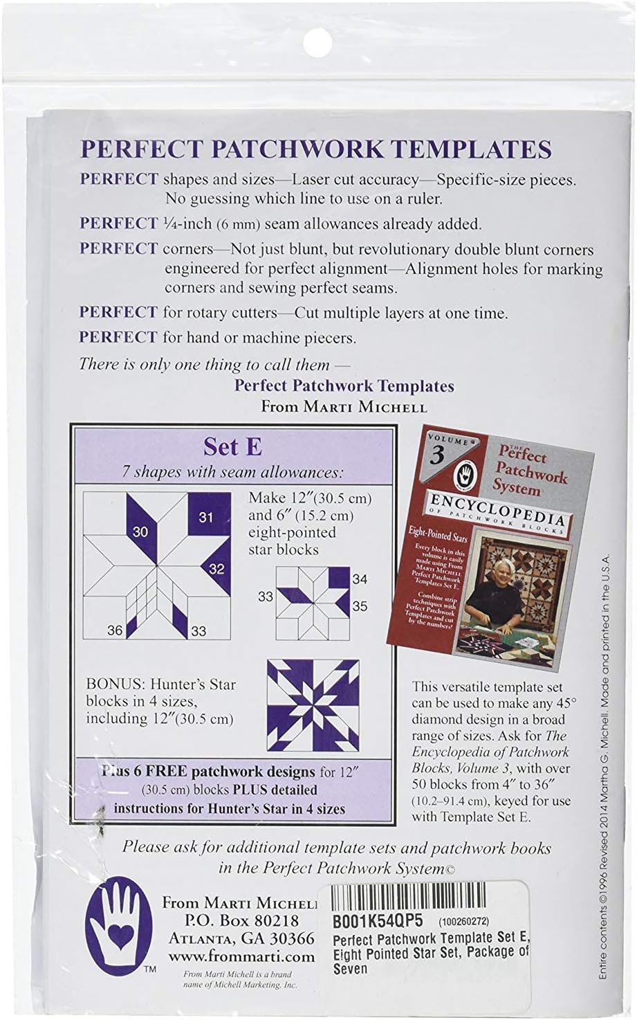 Marti Michell Perfect Patchwork Template-Set E - 8 Pointed Star Set 7/Pkg