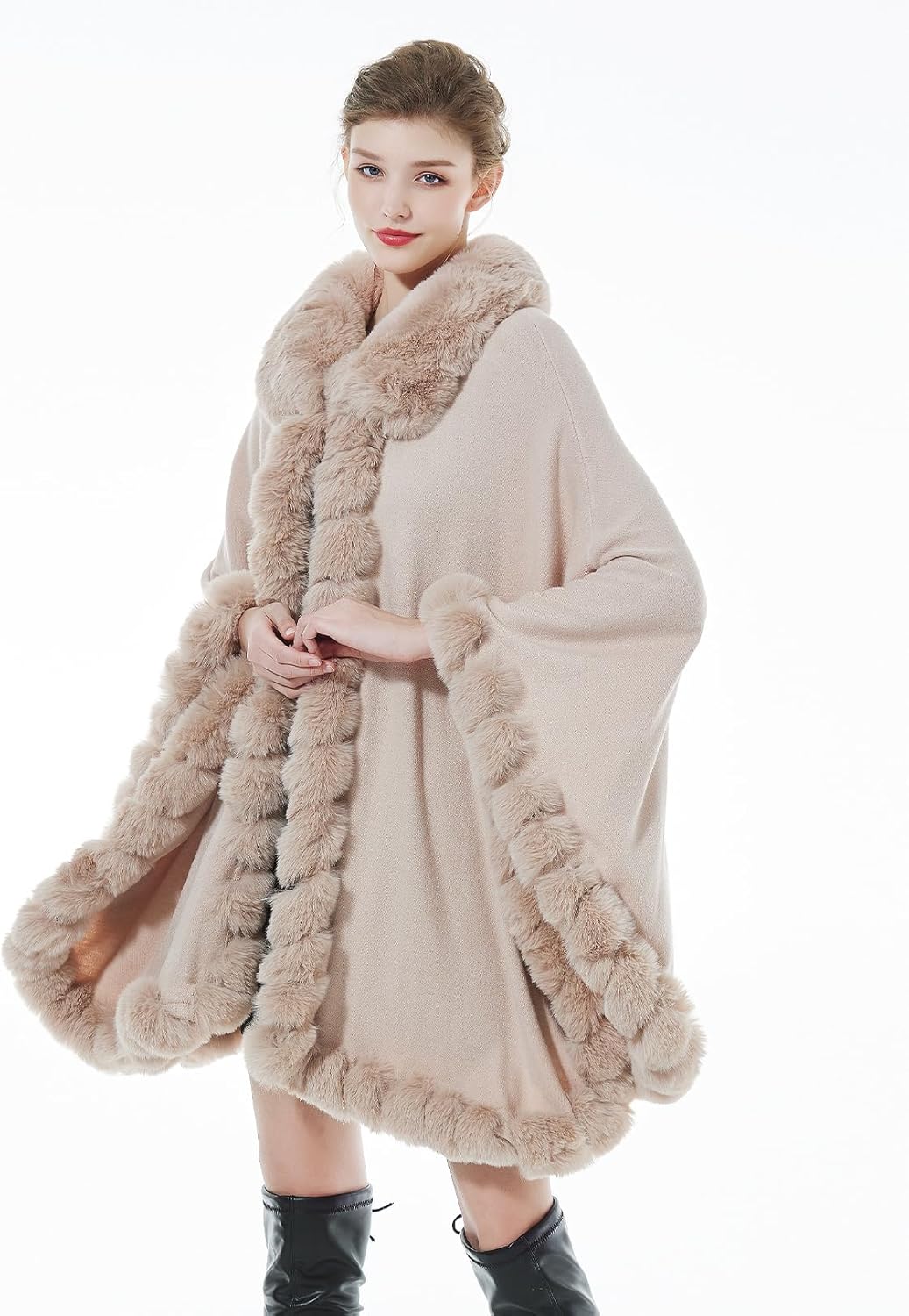 BEAUTELICATE Kunstpelz Poncho Cape Strick Damen Winter Kunstfell Stola Schal Cape Cardigan Warm mit