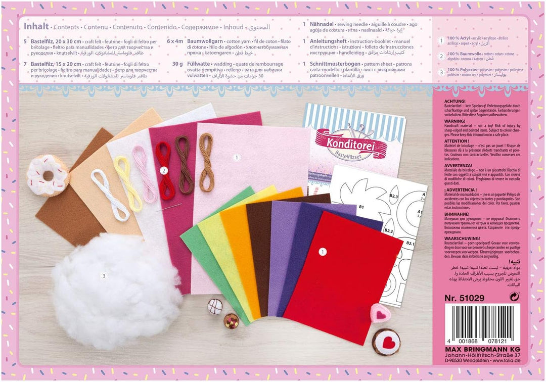 folia 51029 - Bastelfilzset Konditorei 20 teilig, umfangreiches Bastelset zum Gestalten von Kauflade