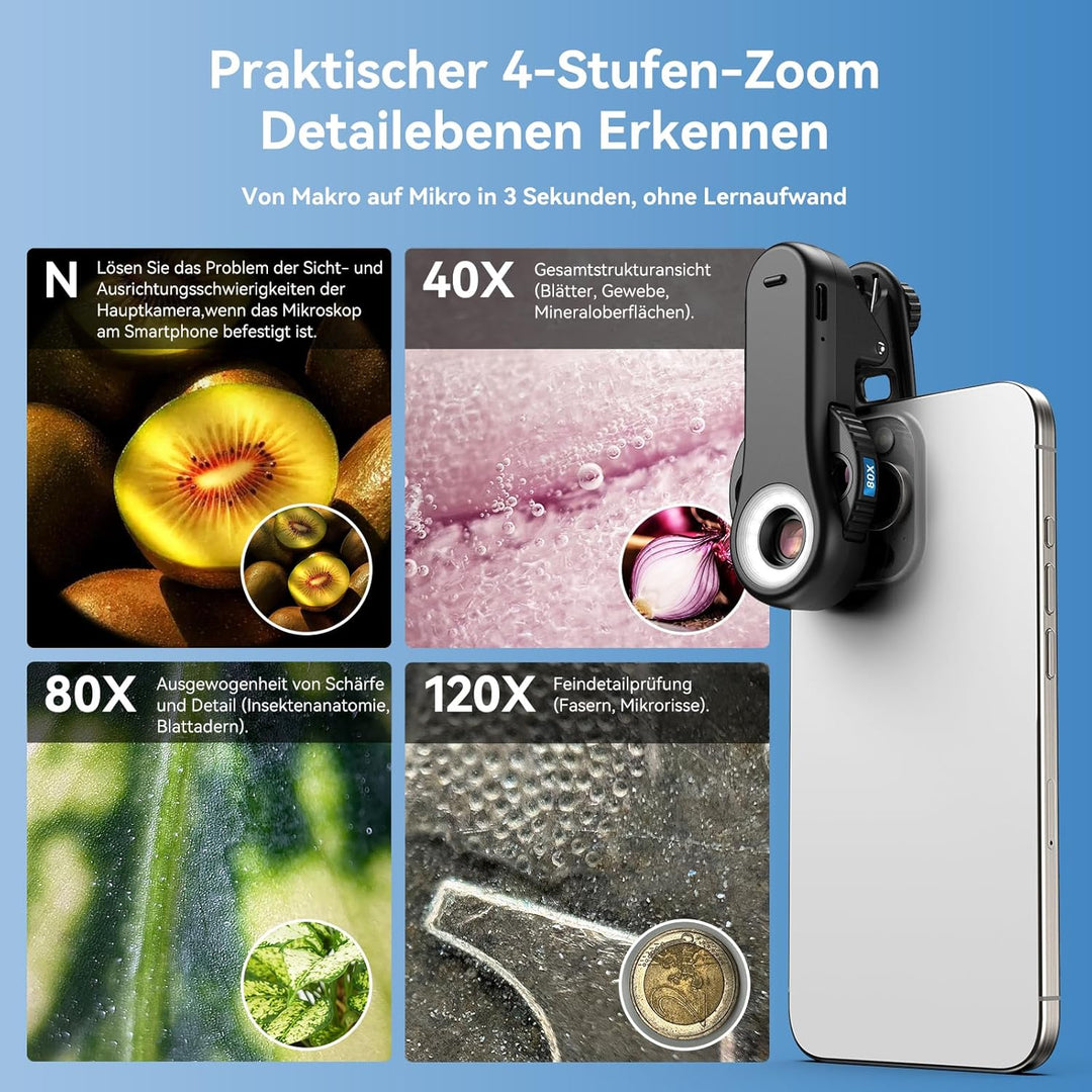 Evil Eye 40X-80X-120X Handy Mikroskop, Smartphone Mikroskop mit CPL-Filter, 16 LED, 8 UV-LED, Raddes