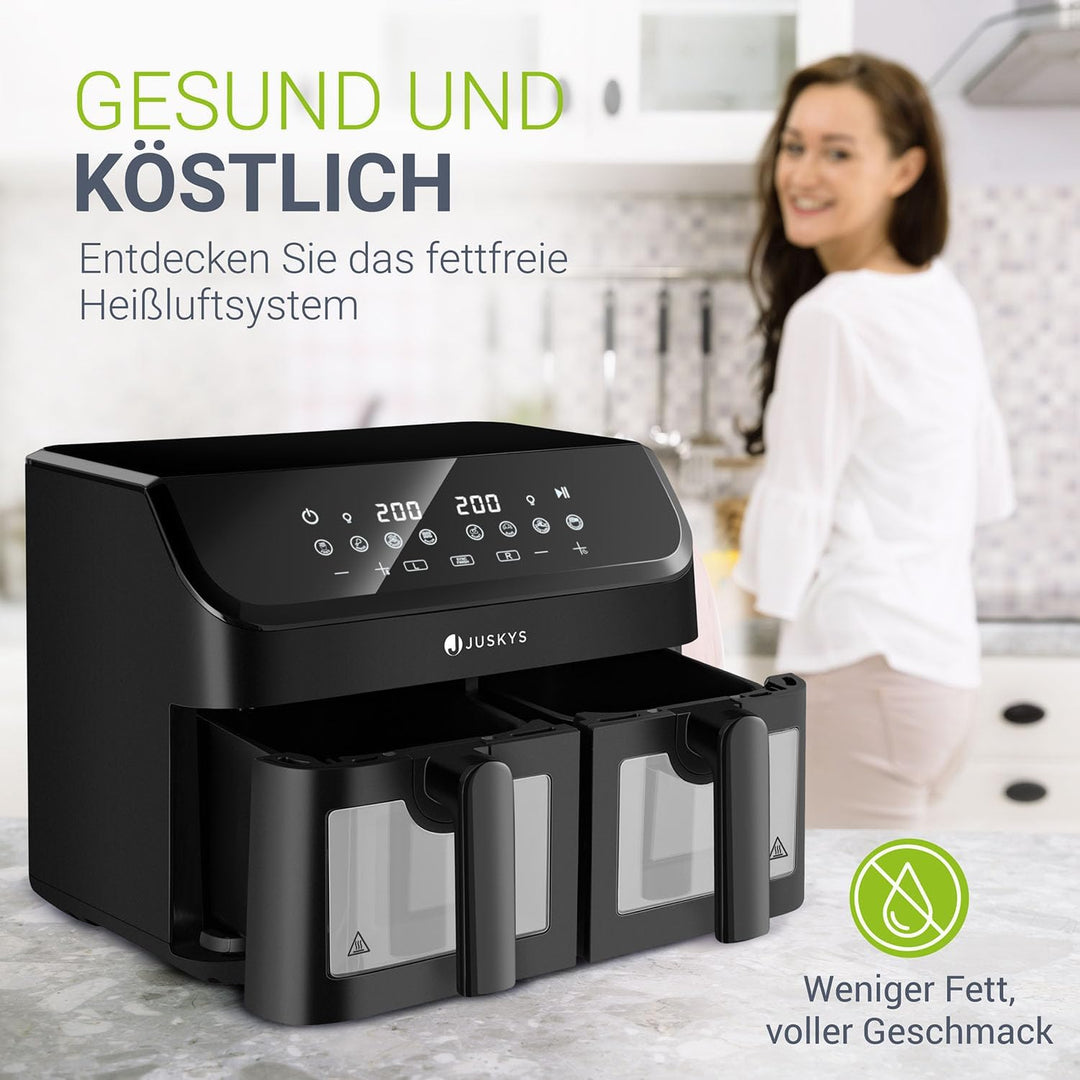 Juskys Heissluftfritteuse 9 L Doppelkammer - XXL Fritteuse mit 2 Körben, 9 Programme, Smart Finish,