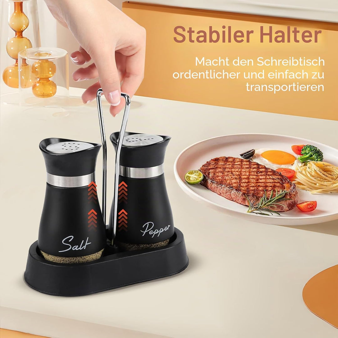 Salz und Pfefferstreuer Set mit Halter, Edelstahl und Glasflasche Salz und Pfefferstreuer mit Halter