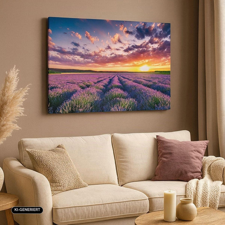 Bilder auf Leinwand Lavendel Berge Feld Leinwandbild mit Rahmen 70x50cm Wandbilder Dekoration Wohnzi