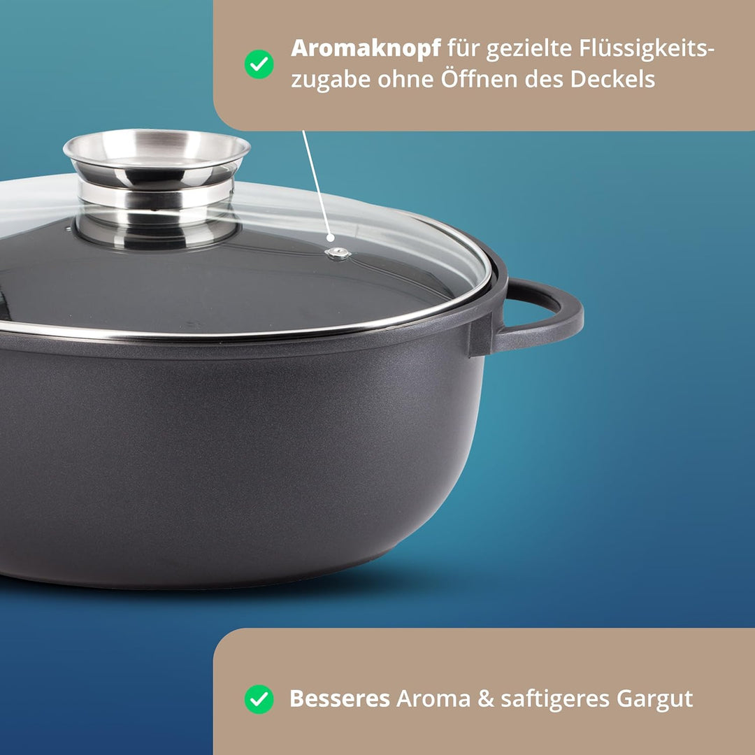 KHG Aluminium Bräter mit Glasdeckel & Aromaknopf 26x38 cm Oval 9 L - ILAG Xeradur®5 Antihaftbeschich