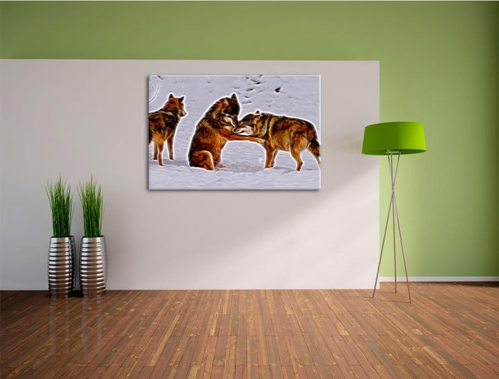 spielendes Wolfsrudel Deluxe Format: 100x70 cm auf Leinwand, XXL riesige Bilder fertig gerahmt mit K