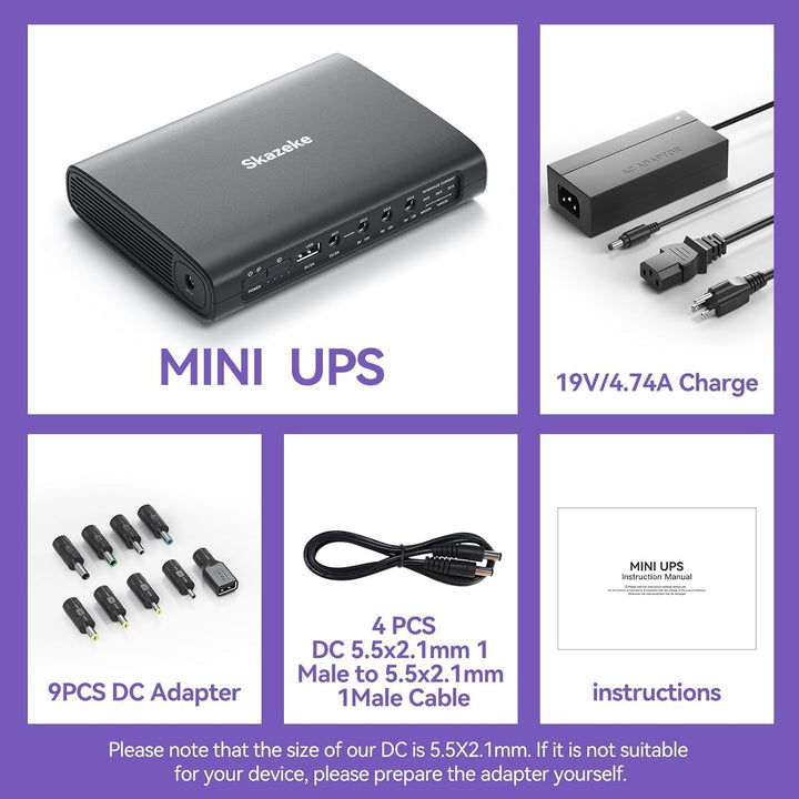 Mini USV,Skazeke 20000mAh Mini UPS mit 5 Ausgängen DC 5V/9V/12V/6A,USB 5V/6A, unterbrechungsfreie WL