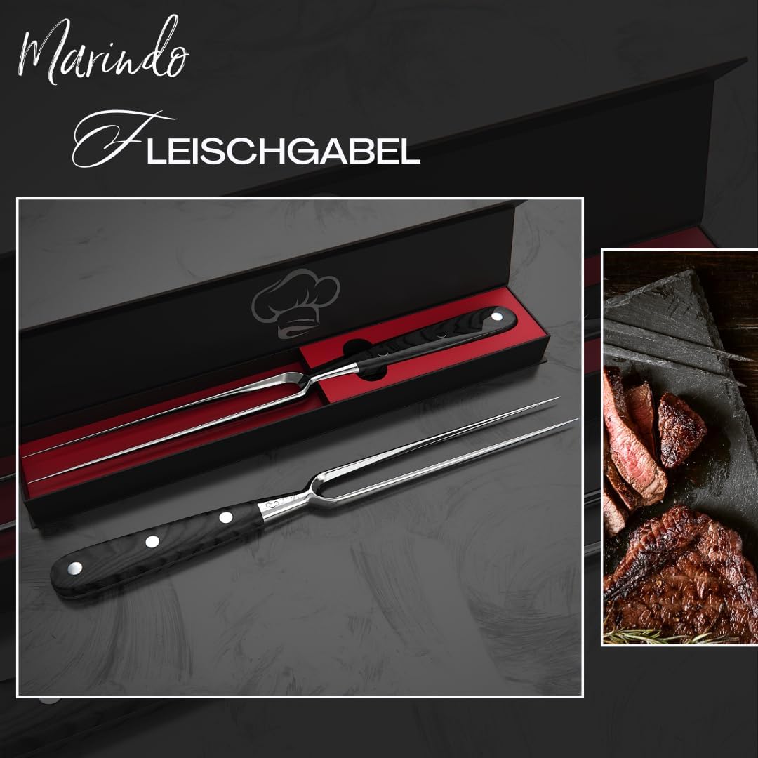 Marindo Profi Fleischgabel Edelstahl 31,5cm | Fleischgabel mit Holzgriff & 17cm Klingenlänge | Grill