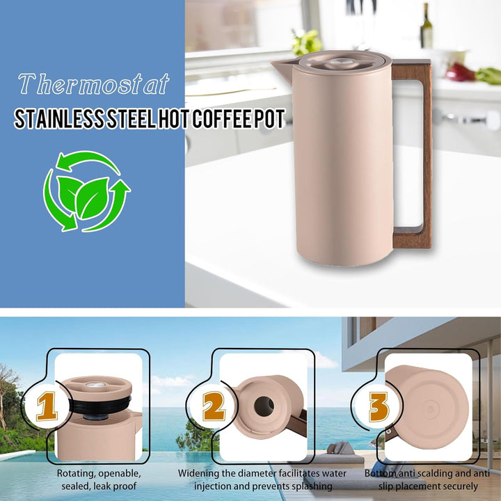 Thermoskanne Kaffeekannen Edelstahl Vakuum Isolations, Mit Holzgriff Und Einfachem Sicherheitsdruckk
