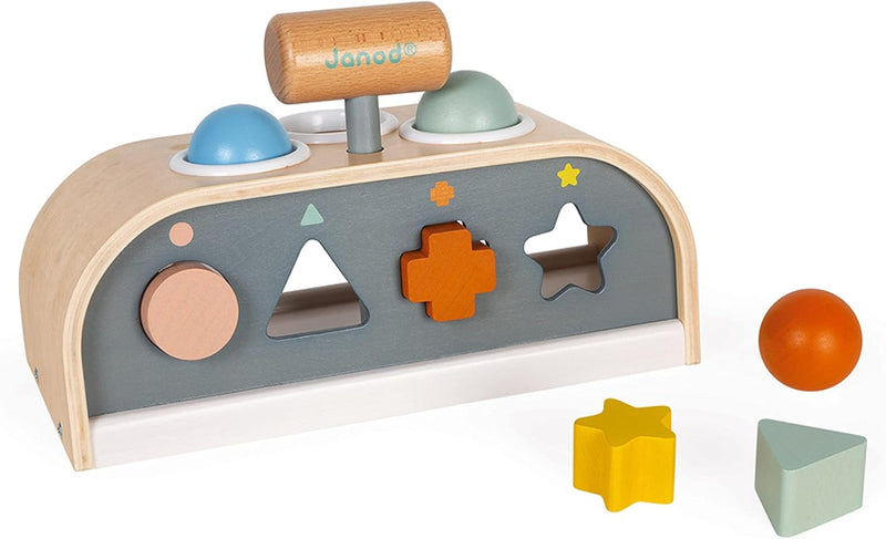 Janod - Tap Tap Sweet Cocoon - Klopfspiel mit Formensortierer und Steckspiel - 3-in-1 Holzspielzeug