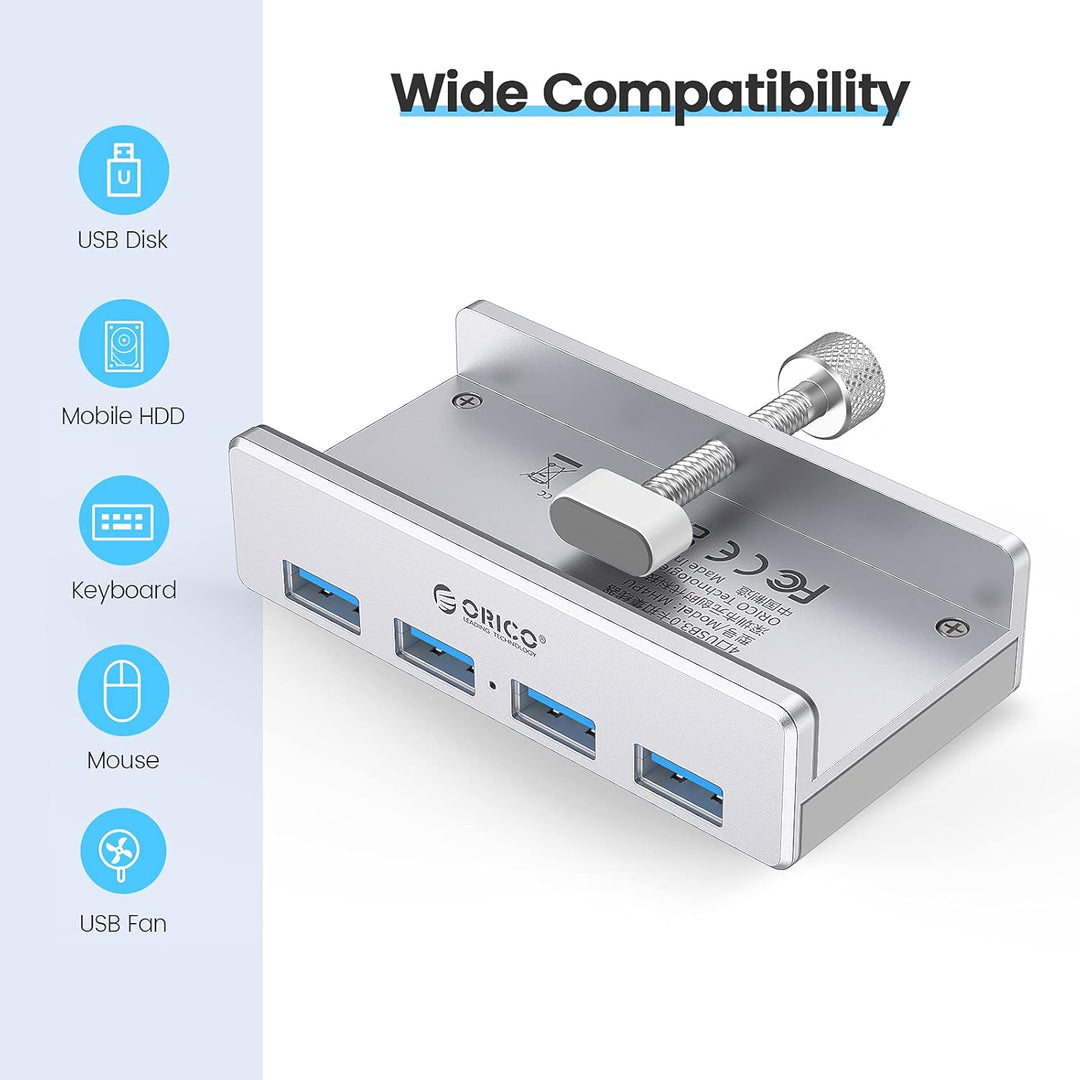 ORICO USB Hub Clip-Typ, 4 Port USB 3.0 Hub 5 Gbps Super Speed Mini Aluminum Datenhub Mit 150cm Kabel