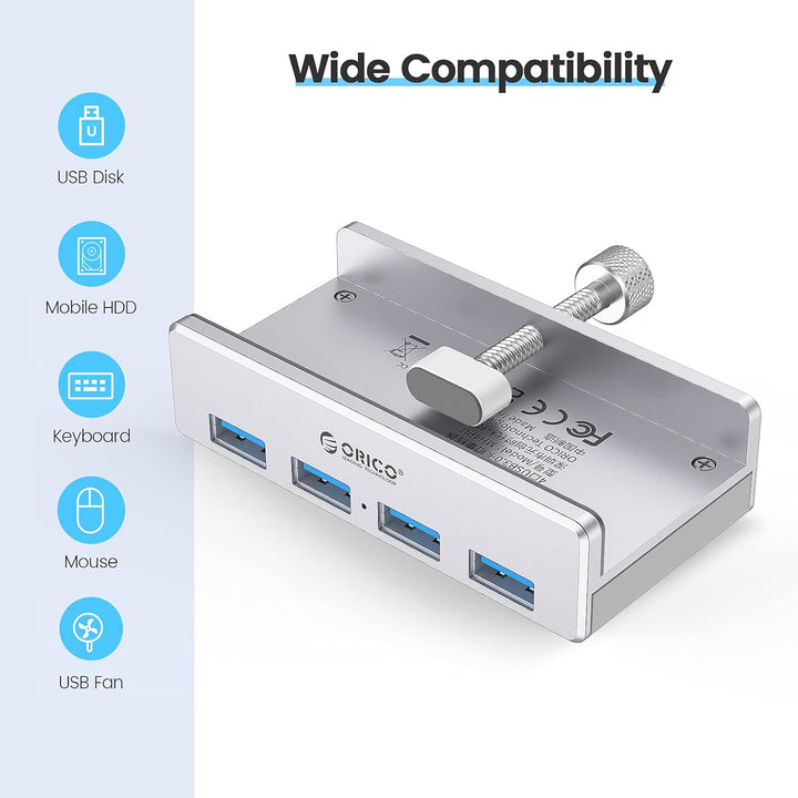 ORICO USB Hub Clip-Typ, 4 Port USB 3.0 Hub 5 Gbps Super Speed Mini Aluminum Datenhub Mit 150cm Kabel