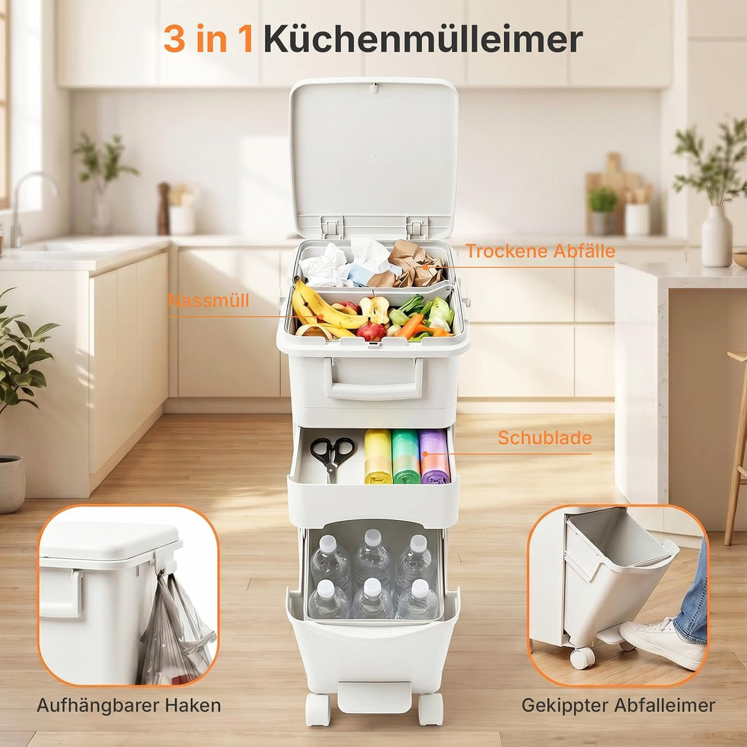 32 L Mülleimer Küche 3 Fächer, Abfalleimer mit Deckel & Pedal, Mülleimer auf Rädern, Mülltrennsystem