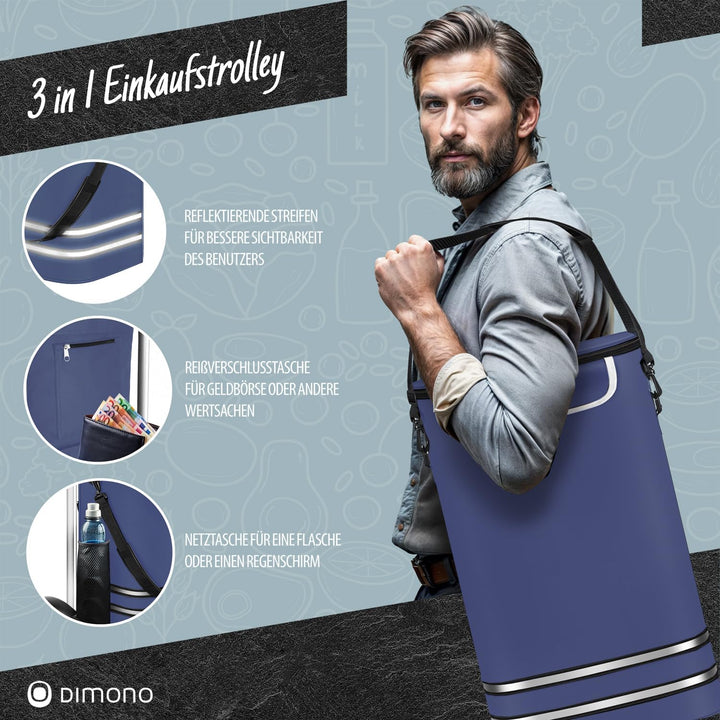 Dimono® Einkaufstrolley Rolltex Klappbarer 3 in1 Trolley zum Einkaufen; 56 Liter inkl. Kühlfach; Tra