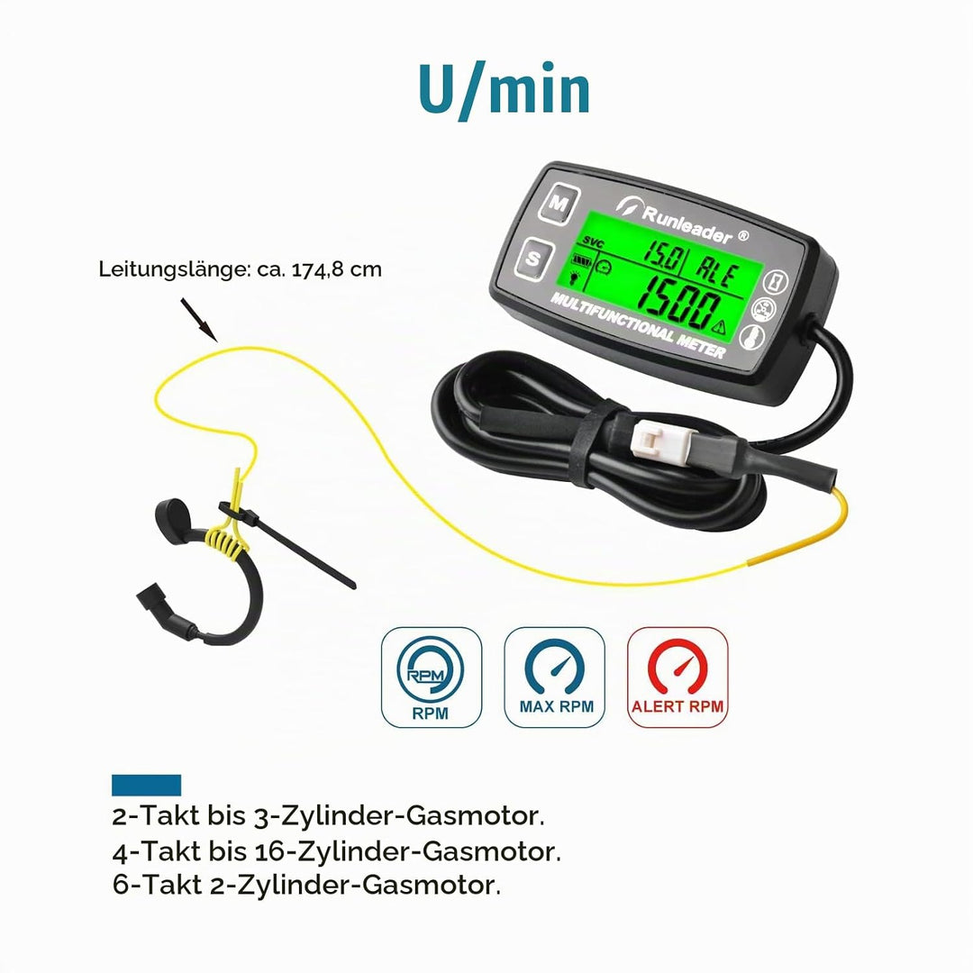 Runleader Digitaler Tachometer, Motortemperaturanzeige mit offizieller Universalhalterung, Drehzahl-