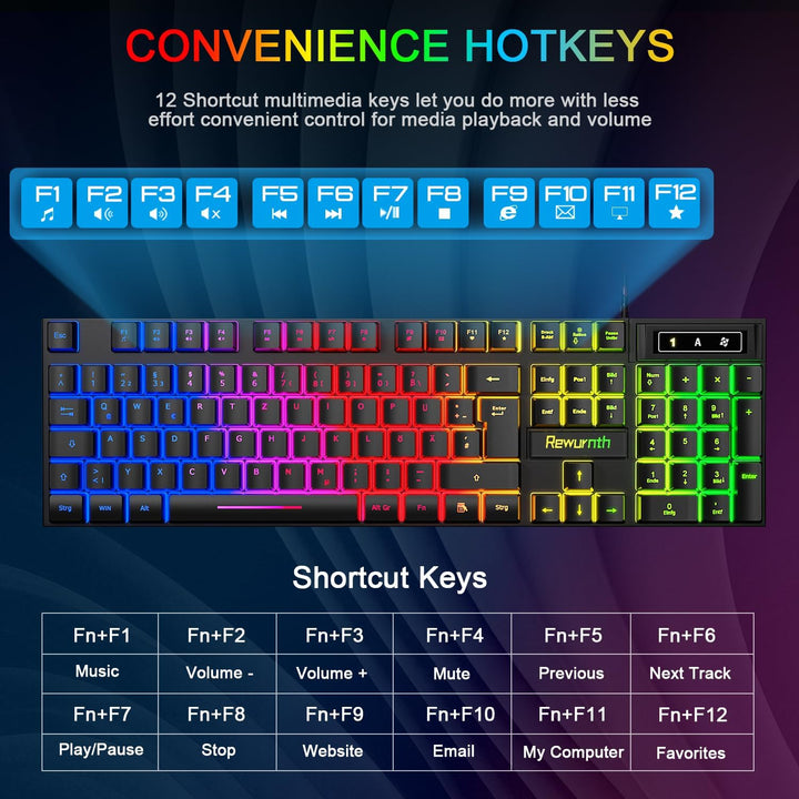 Gaming Tastatur und Maus Set mit Headset, QWERTZ DE Layout, RGB Beleuchtete Tastatur, 4 Farben LED G