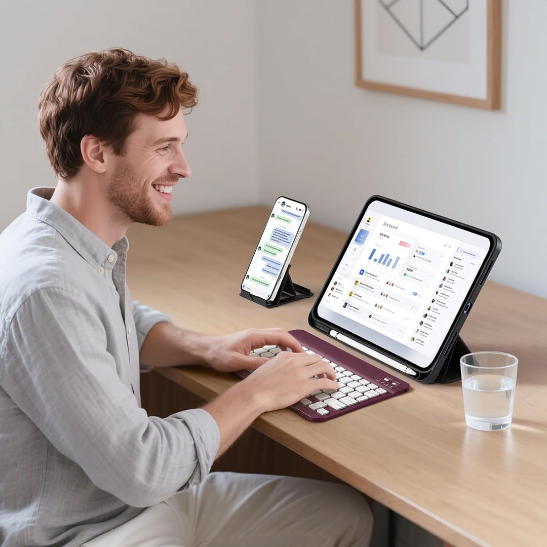 Vobafe Bluetooth Tastatur mit Telefonhalter für iPad Air/Pro/Mini/A16/11/10.9/10.2/iPhone, Kabellose