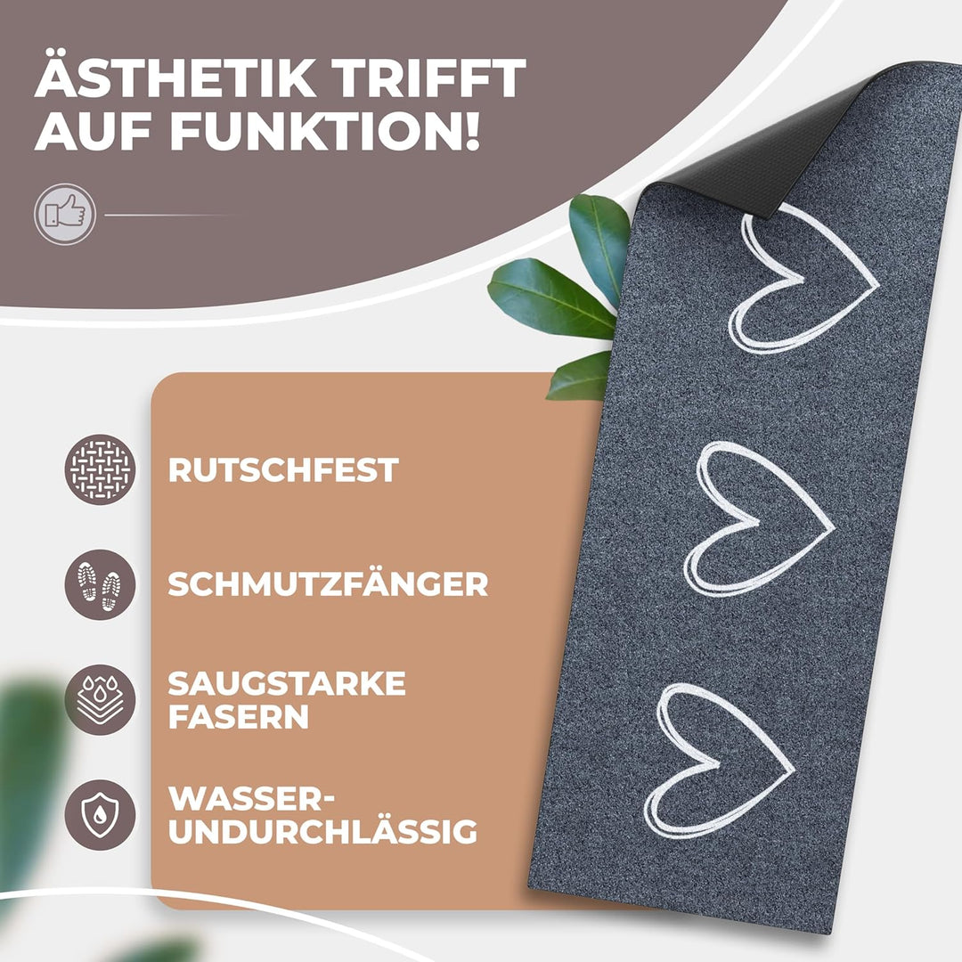 Schuhparkplatz Fussmatte 75x30cm Grau 3 Herze I Waschbar & rutschfest, Hochwertige Schuhmatte für In