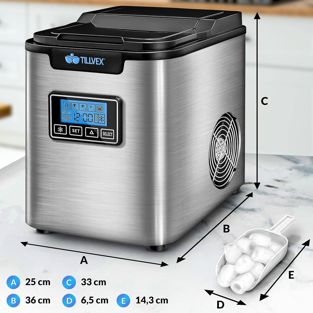 tillvex Eiswürfelmaschine Edelstahl 12 kg - 24 h | Eiswürfelbereiter mit Timer und 2,2 Liter Wassert